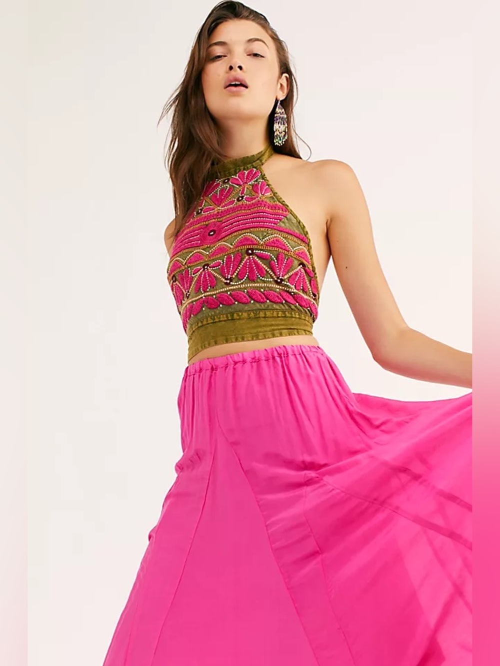 Free People South Coast Halter Top Embroidered Green Pink Size XS